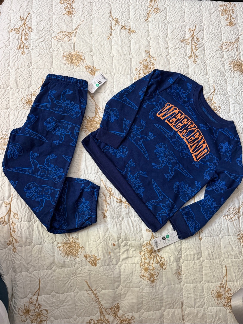 Carter's Navy Blue Dinosaur 'WEEKEND' Pajama Set with Orange Lettering